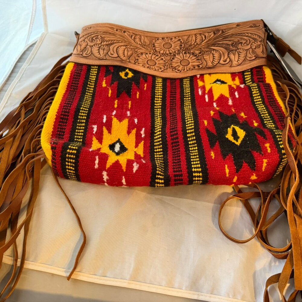 American Darling Southwestern Red Yellow Multi Crossbody Bag with Tan Leather - Picture 9 of 11
